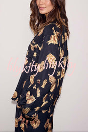 Golden Night Unique Print Color-block Trim Loose Shirt and Elastic Waist Pocketed Pajama Set