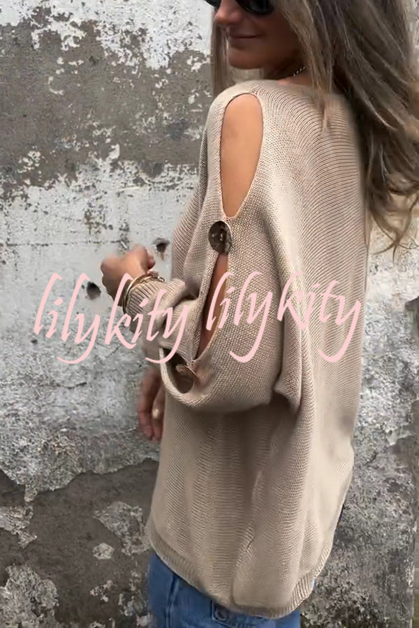 Solid Color Round Neck Hollow Long Sleeve Loose Knitted Sweater