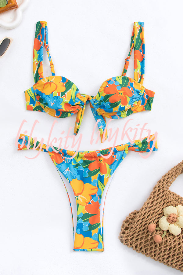 Beach Scenery Print Suspender Bikini