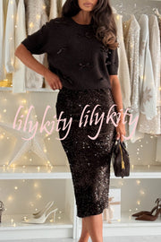 Light The Night Knit Satin Bow Detail Short Puff Sleeve Sweater