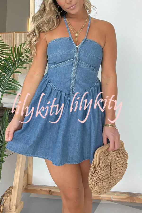 Sexy Halter Neck Backless Front Zip Denim Mini Dress