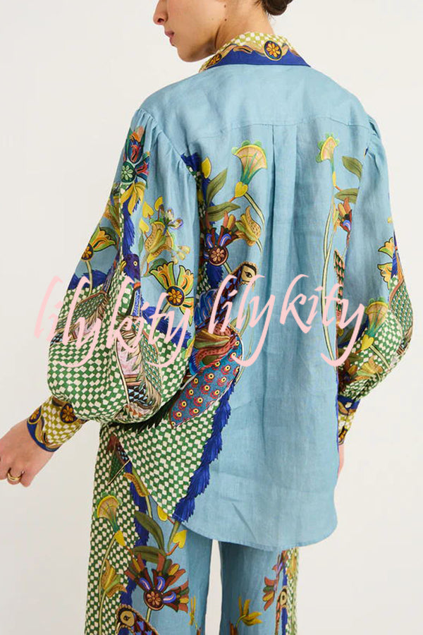 Sun Seeking Unique Heaven Bird Print Balloon Sleeve Button Loose Shirt