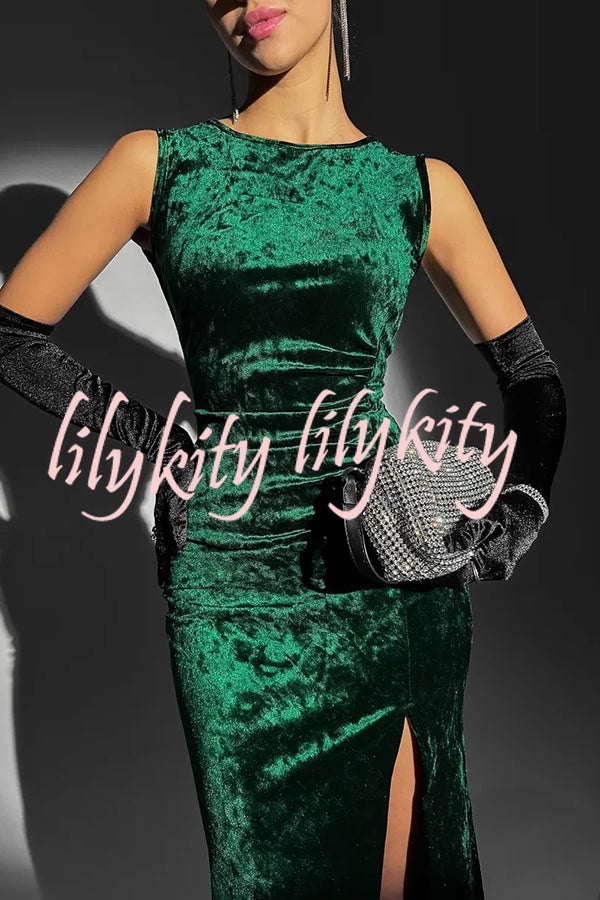 Solid Color Velvet Round Neck Sleeveless Slim Slit Maxi Dress