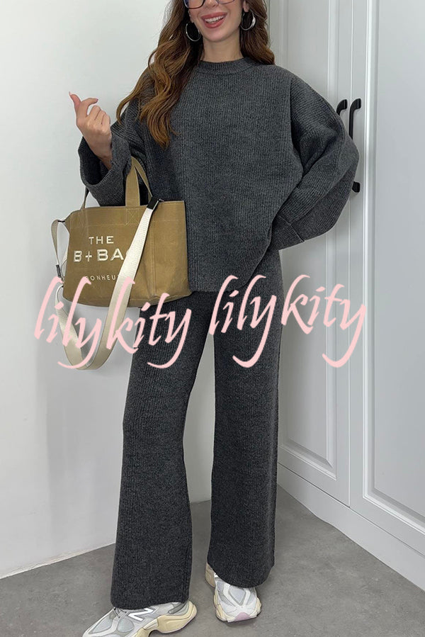 Solid Color Loose Long-sleeved Knit Top and Elastic Waist Casual Straight Leg Pants Set