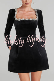 Endless Celebration Velvet Jewel Embellished Trim Long Sleeve Pocketed Mini Dress