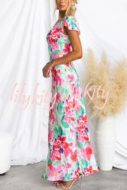 Say I Do Satin Floral Print Cap Sleeves Maxi Dress