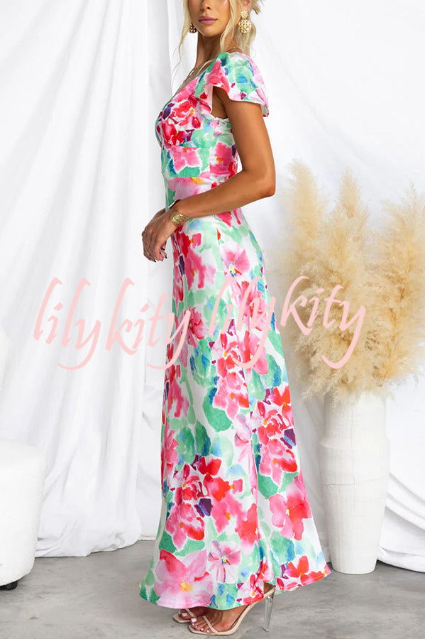 Say I Do Satin Floral Print Cap Sleeves Maxi Dress