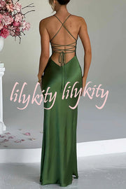 Satin Solid Color Sexy Backless Lace Up High Slit Maxi Dress