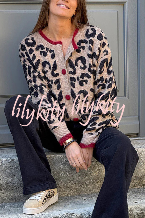 Leopard Print Crew Neck Long-sleeved Loose Knit Cardigan