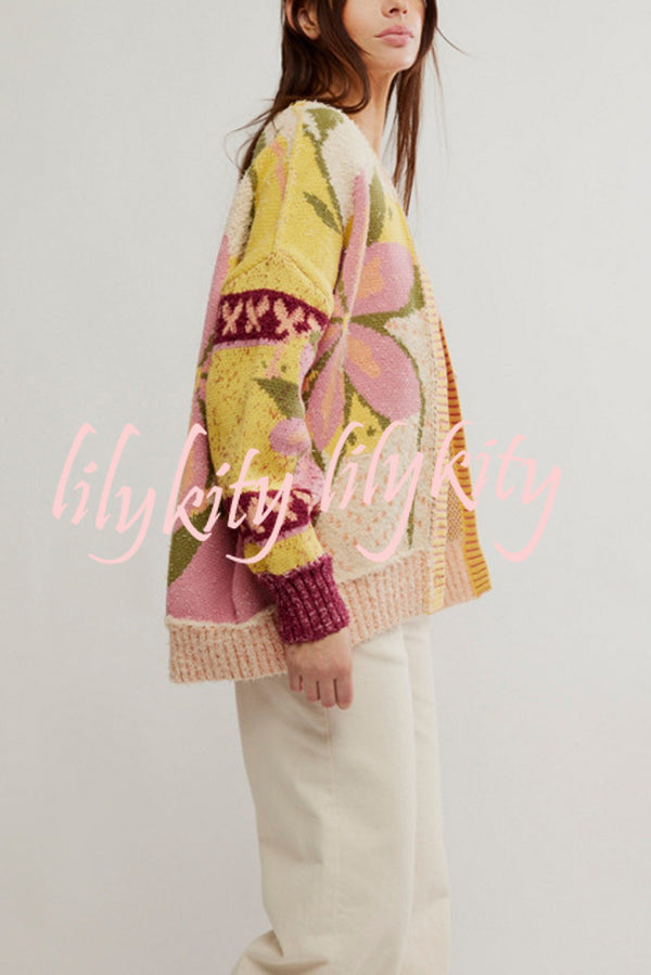 Floral Pattern Loose Long-sleeved Knitted Cardigan