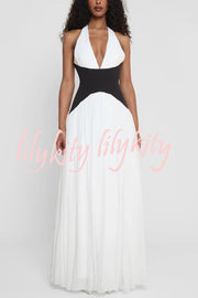 Fashionable Color Matching Sexy Halter Neck Waist Maxi Dress