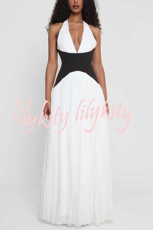Fashionable Color Matching Sexy Halter Neck Waist Maxi Dress