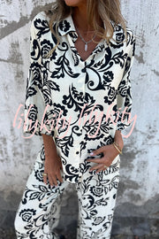 Linen Blend Unique Print Long Sleeve Loose Shirt and Elastic Waist Tie Pocket Pants Set