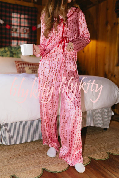 Satin Wave Print Long Sleeve Bow Shirt and Elastic Waist Loose Pants Set