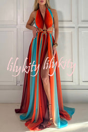 Variety of Styles Tulle Printed Ring Hollow Design Slit Vacation Maxi Dress