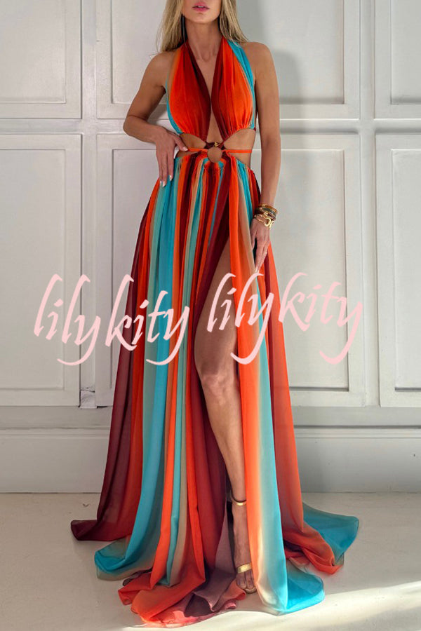 Variety of Styles Tulle Printed Ring Hollow Design Slit Vacation Maxi Dress