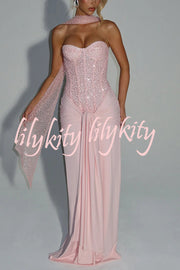 Carina Sequined and Satin Jersey Off Shoulder Ruched Knot Drape Maxi Dress