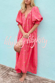 Valentine's Day Gold Heart Print Puff Sleeve Button Pocketed Loose Maxi Dress