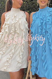 Oh So Sweet Chiffon High Neck Ruffle Pleated A-line Mini Dress