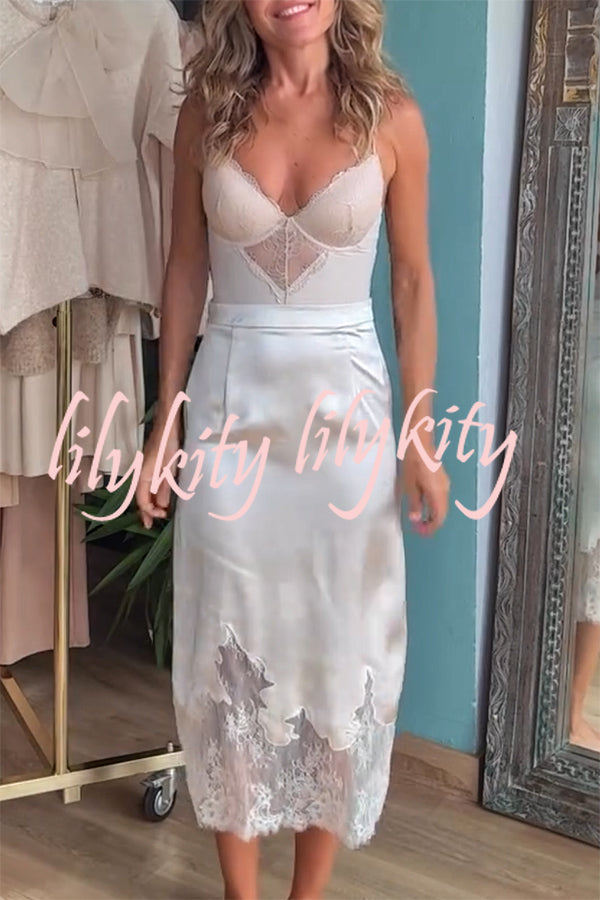 Lola Satin Lace Trim High Rise Side Zipper Loose Midi Skirt