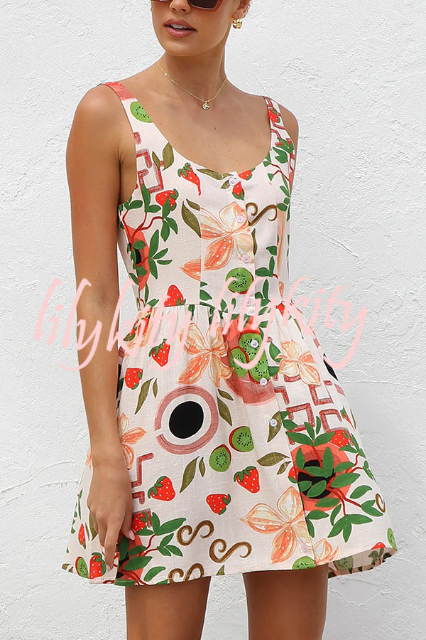 Botanical Print Sleeveless Button-Down Mini Dress