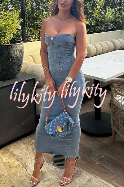 Cutie Denim Rosette Detail Corset Off Shoulder Stretch Maxi Dress