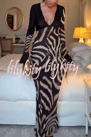 City Night Chiffon Colorblock Animal Print Tie-up Long Sleeve Maxi Dress