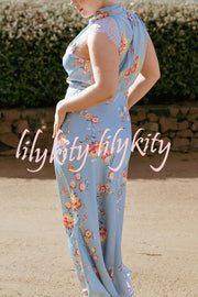 Anabelle Satin Lace Detail Floral Print High Cowl Neck Maxi Dress
