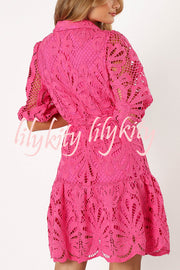 Solid Color Lace Cutout Balloon Sleeves and Waist Tie Mini Dress