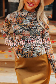 Floral Print Turtleneck Long Sleeve Stretch Bottoming Shirt