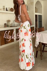 Eliska Linen Blend Poppy Print Cutout Contrast Trim A-line Maxi Dress