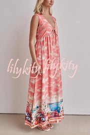 Resort Style Unique Printed Sleeveless V-neck Casual Maxi Dress