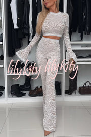 Sexy Charming Lace Bell Sleeve Crop Stretch Top and High Waist Stretch Flared Pants