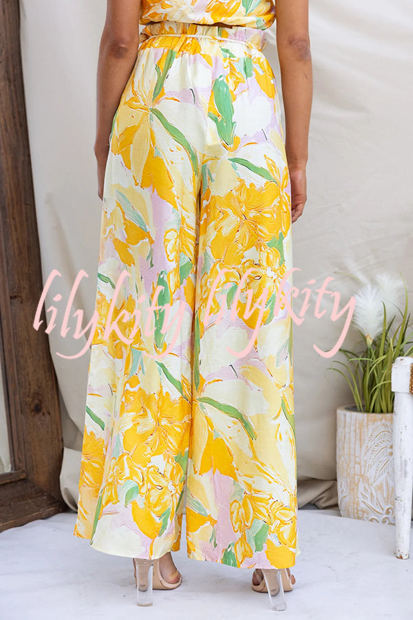Soleila Floral Print One Shoulder Tie-up Crop Top and Elastic Waist Pocket Loose Pants Set