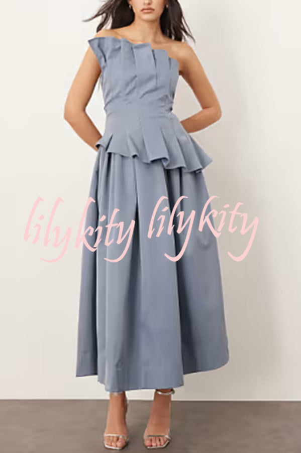 Fashionable Chic Off Shoulder Structured Pleat Corset A-line Midi Dress