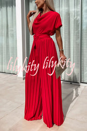 Ivy Cowl Neck Short Sleeve Belt Pleated Loose Wide Leg Jumpsuit
