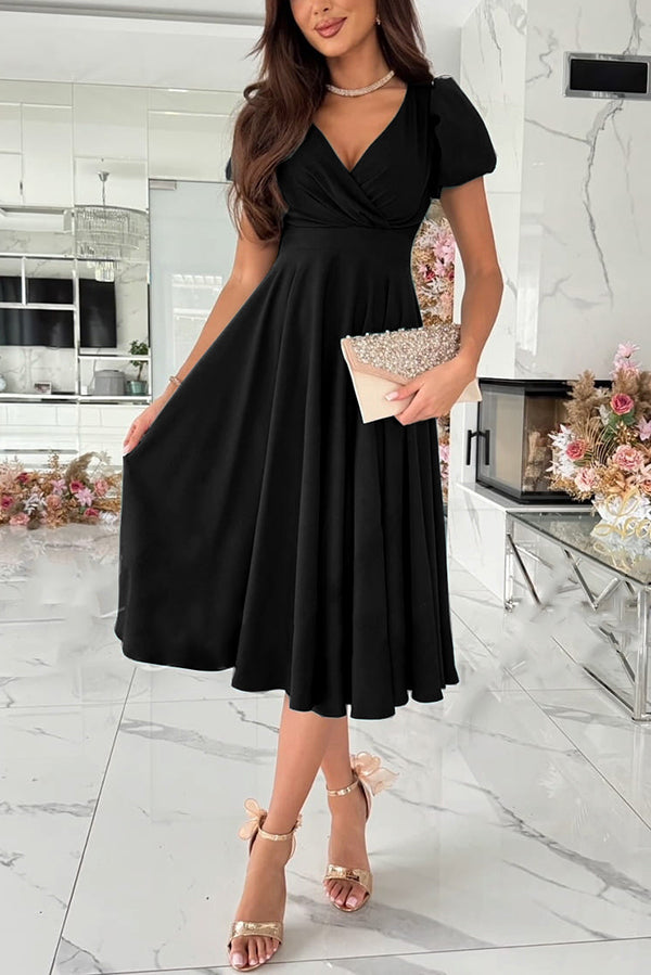 Zayla Solid Color Puff Sleeve V-neck Waist Slim Fit Midi Dress