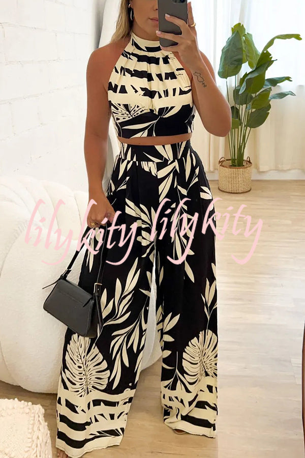 Botanical Print Halterneck Crop Top and Casual High-waist Wide-leg Pants Set