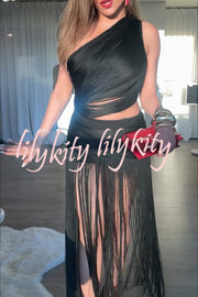 Dancing Miracle One Shoulder High Waist Hollow Design Tassel Hem Drape Mini Dress