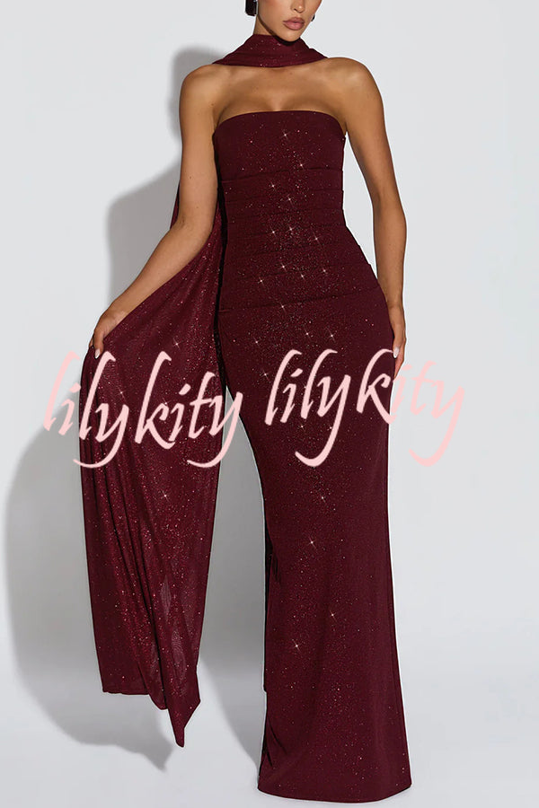 Pandra Glittery Crepe Fabric Off Shoulder Ruched Slit Cape Maxi Dress