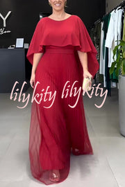 Ready for Holiday Cape Sleeve Tie-up Pleated Maxi Dress