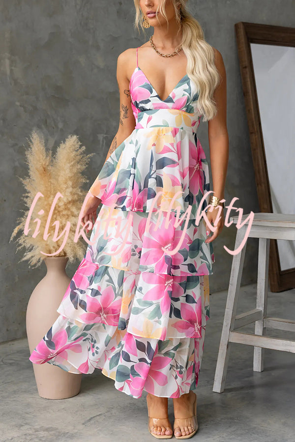 Dreamy Destiny Floral Print Elastic Back Tiered Maxi Dress