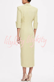 Elegant Look Linen Blend Stand Lapel Neck Half Sleeve Side Button Midi Dress
