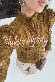 Palace Style Crochet Flower Lace Stand Neck Button Puff Sleeve Jacket