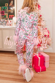 Iconic Holiday Printed Feather Trim Elastic Waist Pocketed Pajama Set