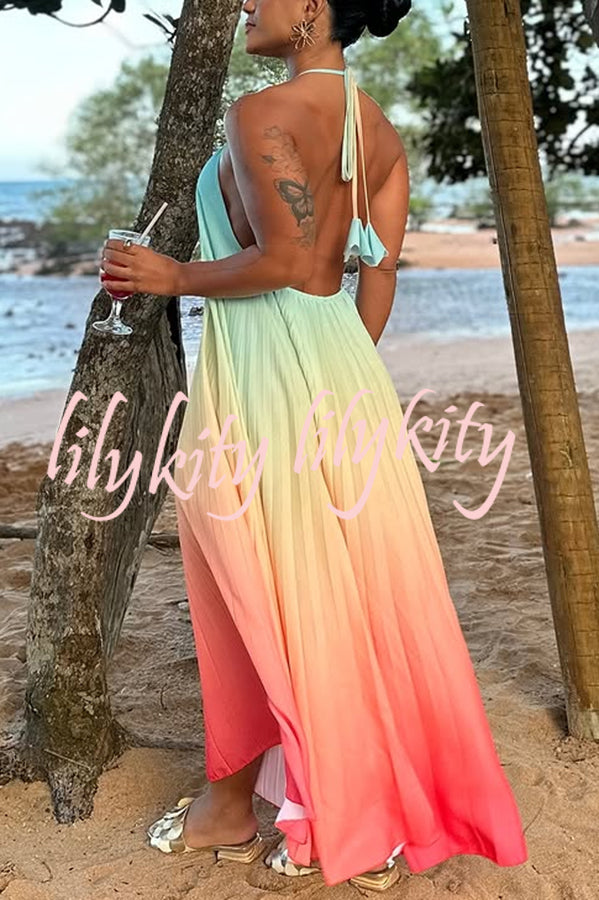 Sea goddess Gradient Print Pleated Halter Backless A-line Maxi Dress