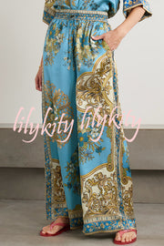 Satin Floral Print Loose Shirt and Elastic Waist Pocket Casual Wide-leg Pants