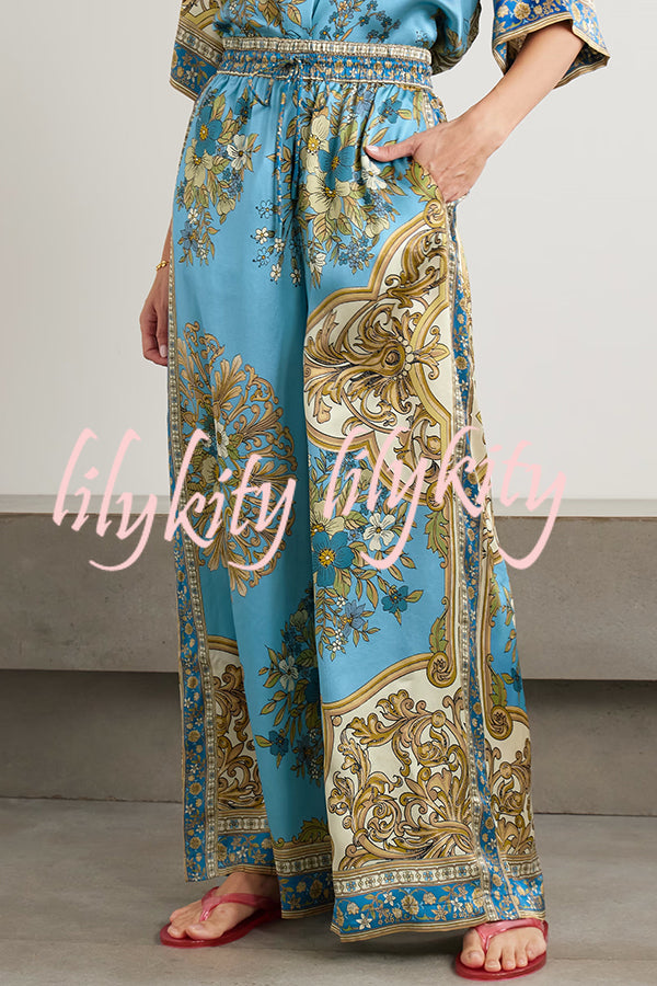 Satin Floral Print Loose Shirt and Elastic Waist Pocket Casual Wide-leg Pants