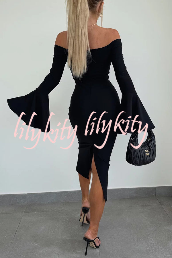 Solid Color Sexy Off-shoulder Trumpet Sleeve Slim Midi Dress