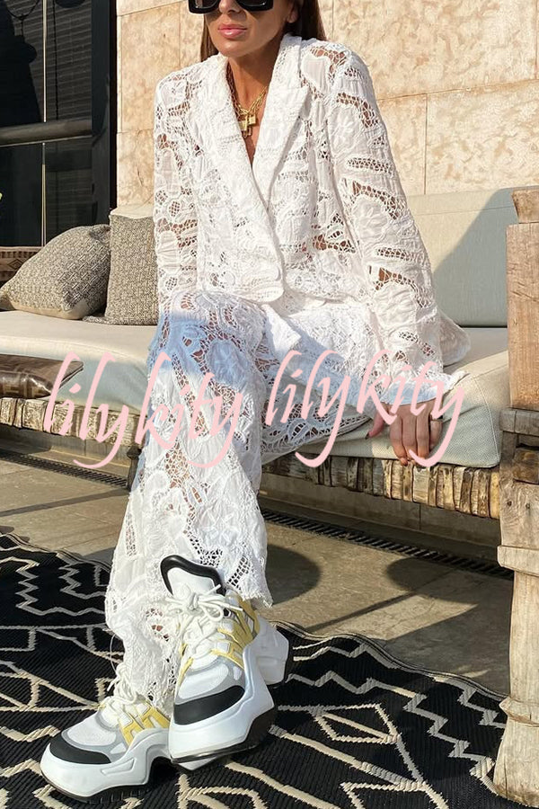 Fashionable Lace Long-sleeved Lapel Loose Top and Casual Hollow Pants Set